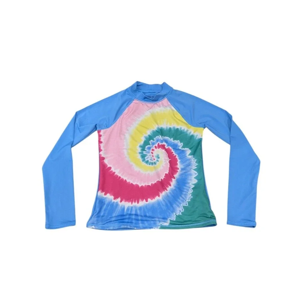 Lands' End Kids Girls Blue Rainbow Tie-Dye Long Sleeve Swim Rashguard Size 10 12